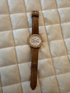 Fossil Brown Leather Strap Watch with Gold-Tone Crystal Bezel
